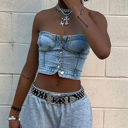 Gina Slim Fit Denim Tube Top Vest Blue-1