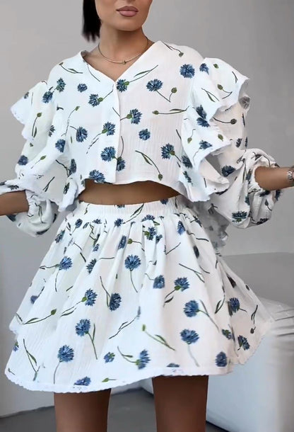 Cotton Linen Ruffled Strawberry Printed Short Skirt Set Blue Pattern