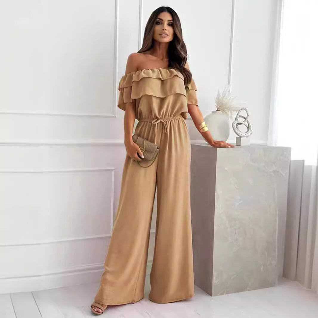 Ruffled off Shoulder Short Sleeved Jumpsuit Khaki
