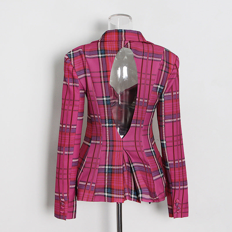 Open Back Plaid Blazer