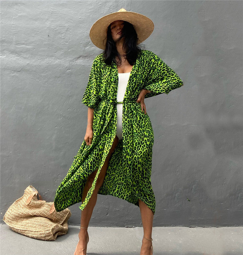 Sexy Beach Cardigan Cover Up One Size Green Leopard Point