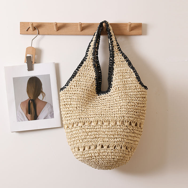Large Capacity One Shoulder Straw Bag Casual One Size Black-Edged Double-Handle Rice