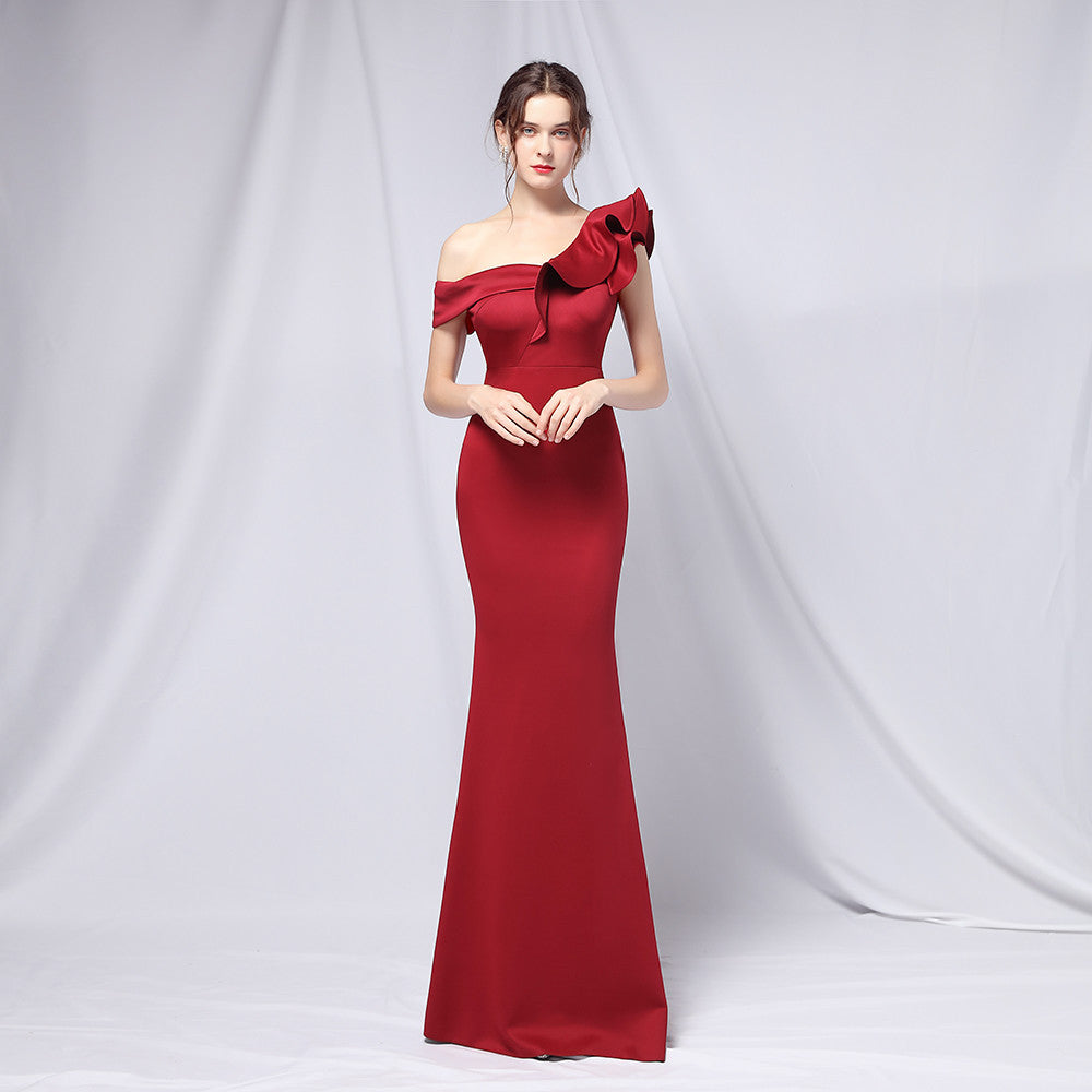 One Shoulder Evening Gown Jujube Red