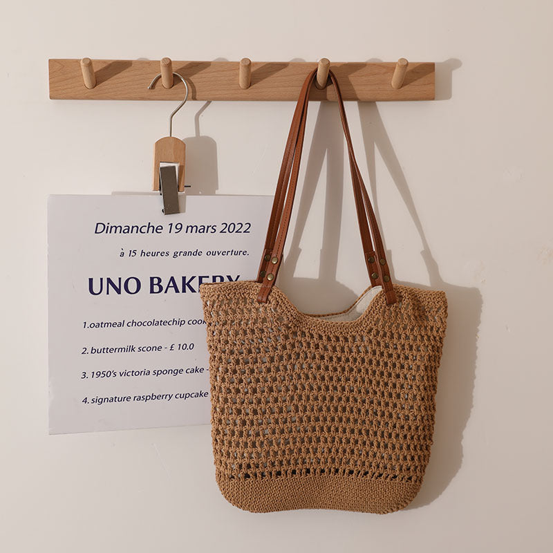 Casual Hollow Out Cutout Shoulder Bag Cotton Crochet One Size Cotton Thread Concave Bag Small Size Coffee