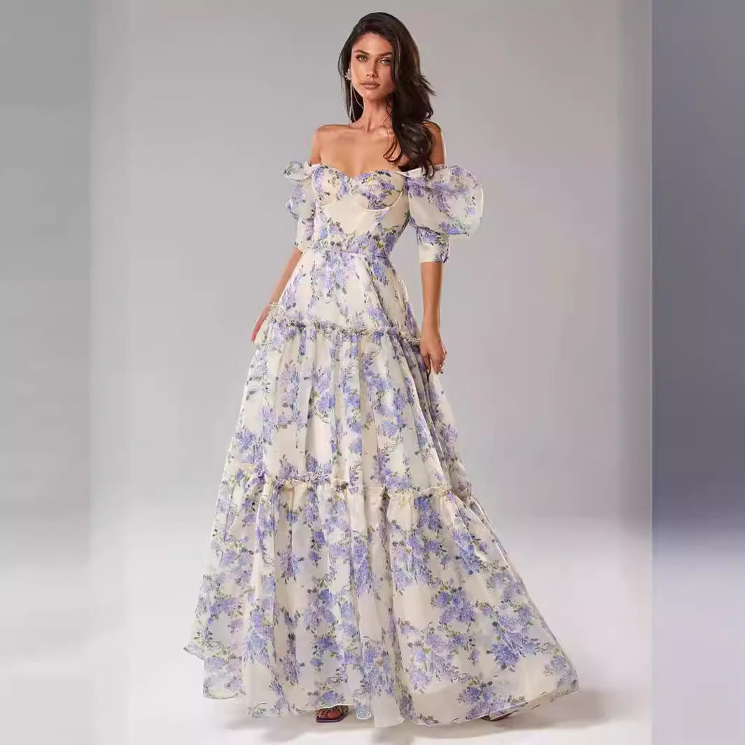 Off Shoulder Floral Printed Maxi Dress