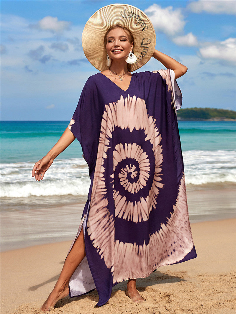 New Positioning Printing Beach Cover-up Sexy Cardigan Dress Beach Cover Up One Size Purple Background Vortex