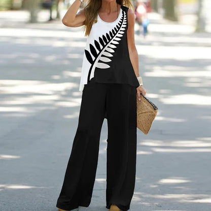 Printed Sleeveless Top and Bottom Set Black and White Leaves