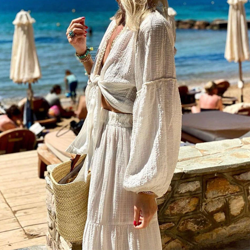 Bohemian Puff Sleeve Cardigan Skirt Set