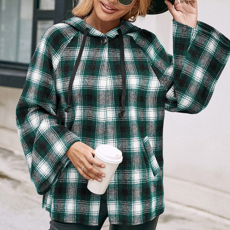 Checked Plaid Hooded Shirt Jacket Blackish Green