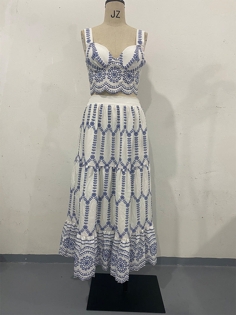 Summer Sexy Print Lace up Bra Skirt Two Piece Women Clothing royal blue