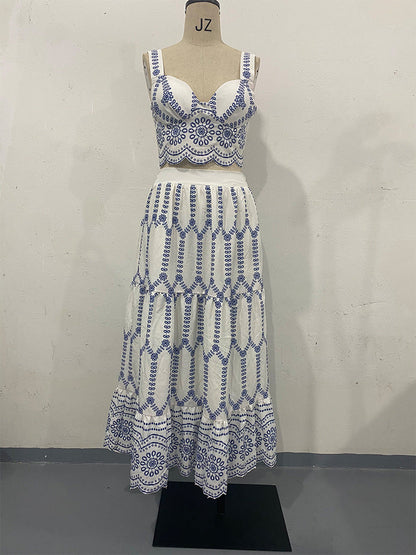 Summer Sexy Print Lace up Bra Skirt Two Piece Women Clothing royal blue