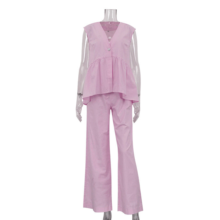 Cotton V neck Sleeveless Top Vest & Pant Set Pink