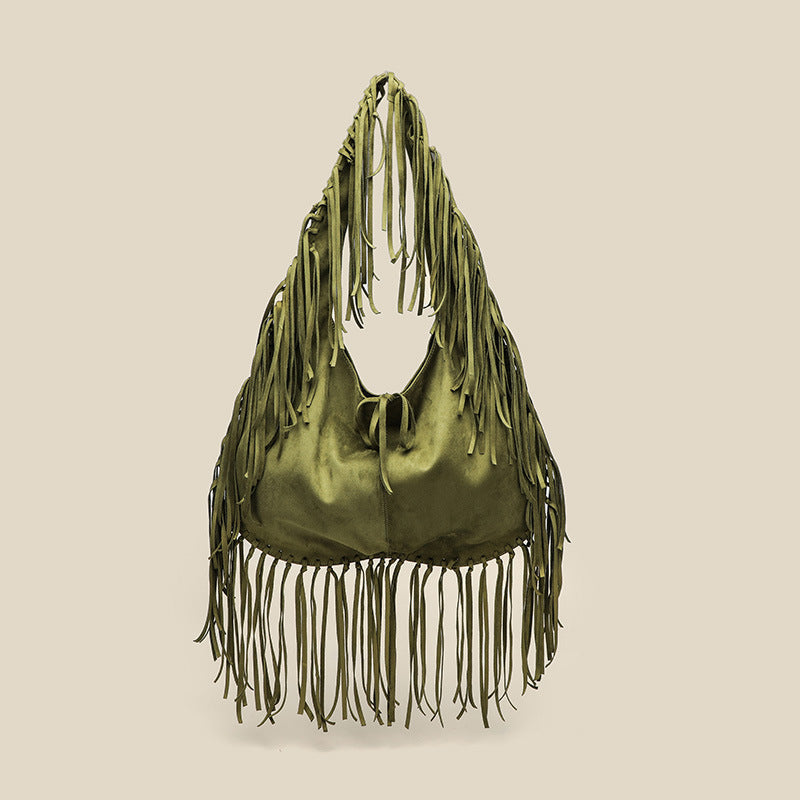 Tassel Large Tote Crescent Trendy One Shoulder Women Bag One Size Large Size Army Green