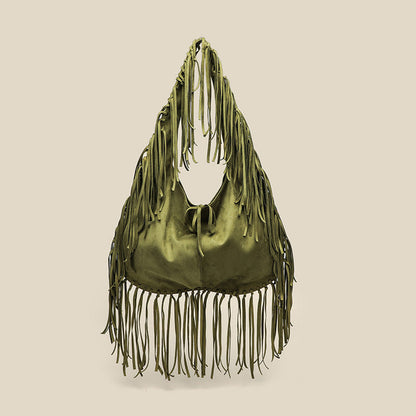 Tassel Large Tote Crescent Trendy One Shoulder Women Bag One Size Large Size Army Green