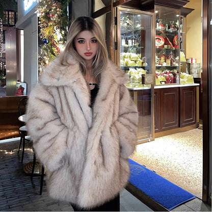 Faux Fur Mid-Length Jackets Gradient Color
