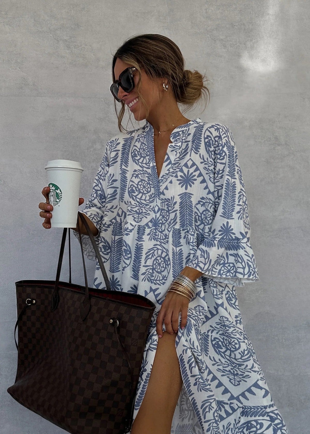 Dress Casual Printed 3/4 Sleeves Shirt Dress for Women Blue
