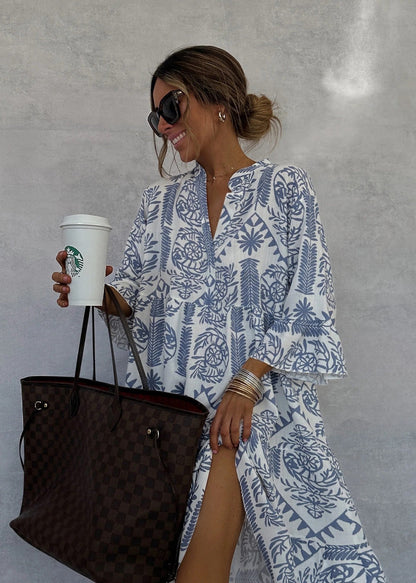 Dress Casual Printed 3/4 Sleeves Shirt Dress for Women Blue