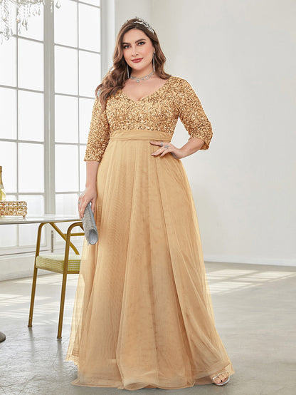Plus Size V Neck Short Sleeve Sequined Tulle A line Evening Dress Party Dress Gold