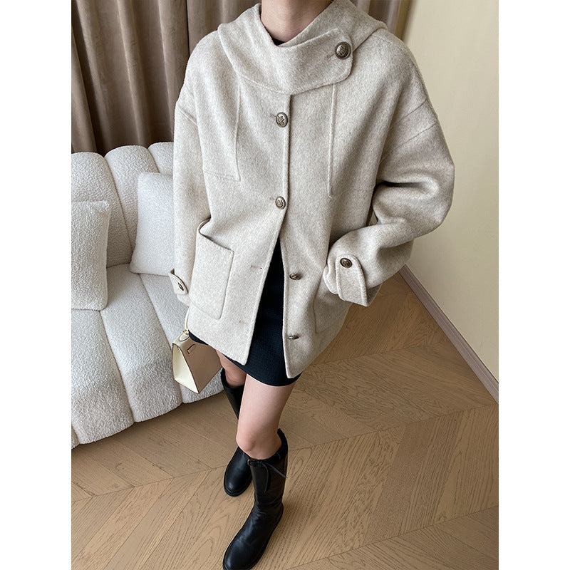 Woolen Hooded Cape Coat Ivory