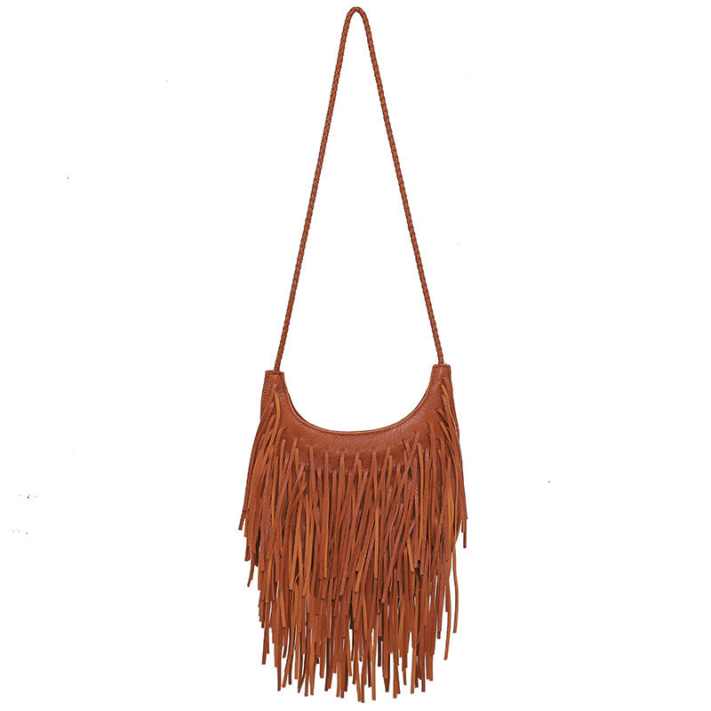 Tassel Bag Soft Leather Handmade Shoulder Messenger Bag One Size Brown