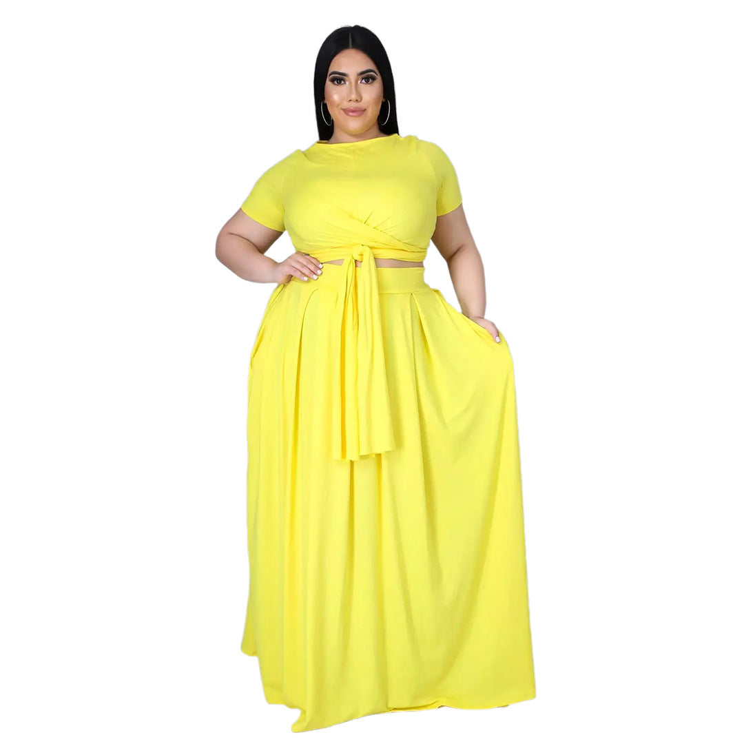 Curvy Solid Color Two-Piece Set Yellow