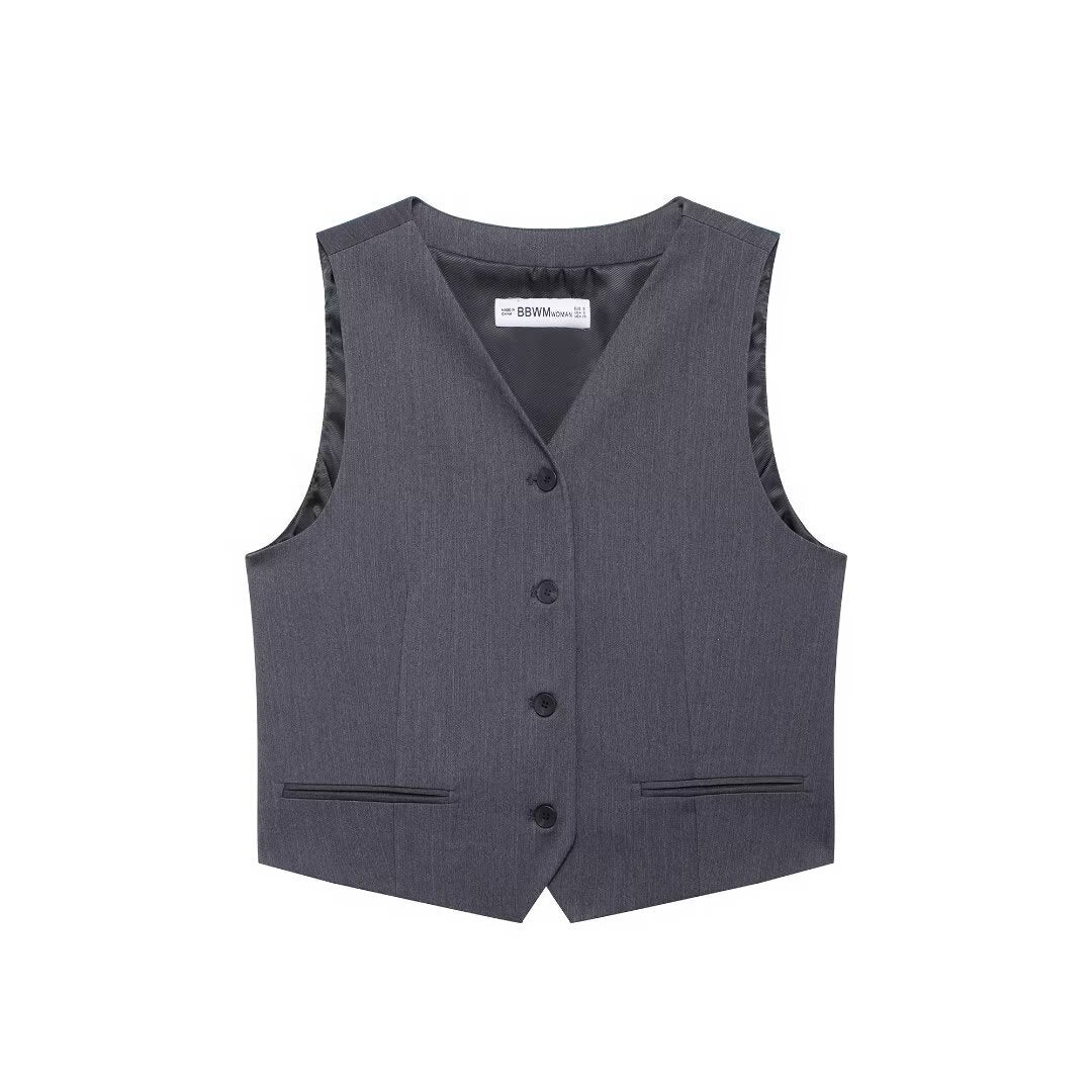Striped Belted Blazer Vest Gray