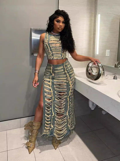 Women Denim Suit Women Personalized Hand Worn Vest High Slit Denim Skirt Set Blue