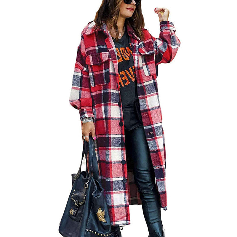 Plaid Woolen Slim Long Coat Red