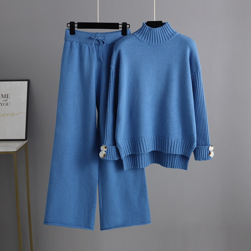 High Collar Solid Knit Set One Size Blue