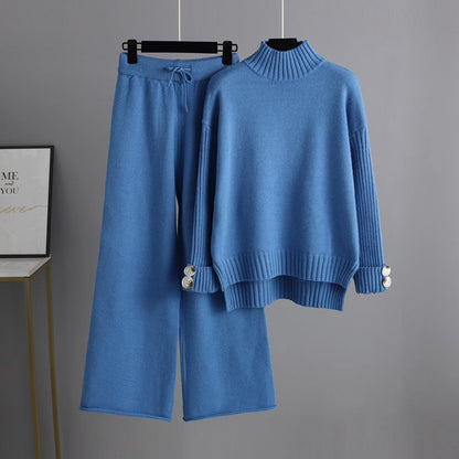 High Collar Solid Knit Set One Size Blue