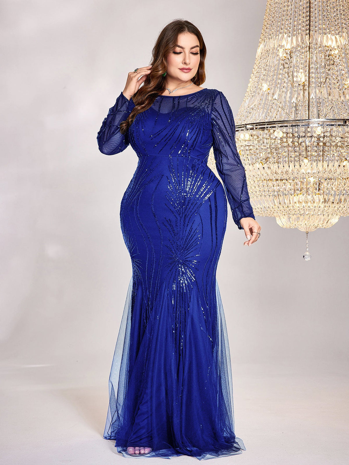 Plus Size Dress Long Sleeve Round Neck Bridesmaid Cocktail Evening Dress royal blue