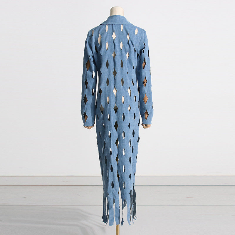 Denim Ripped Tassel Long Coat