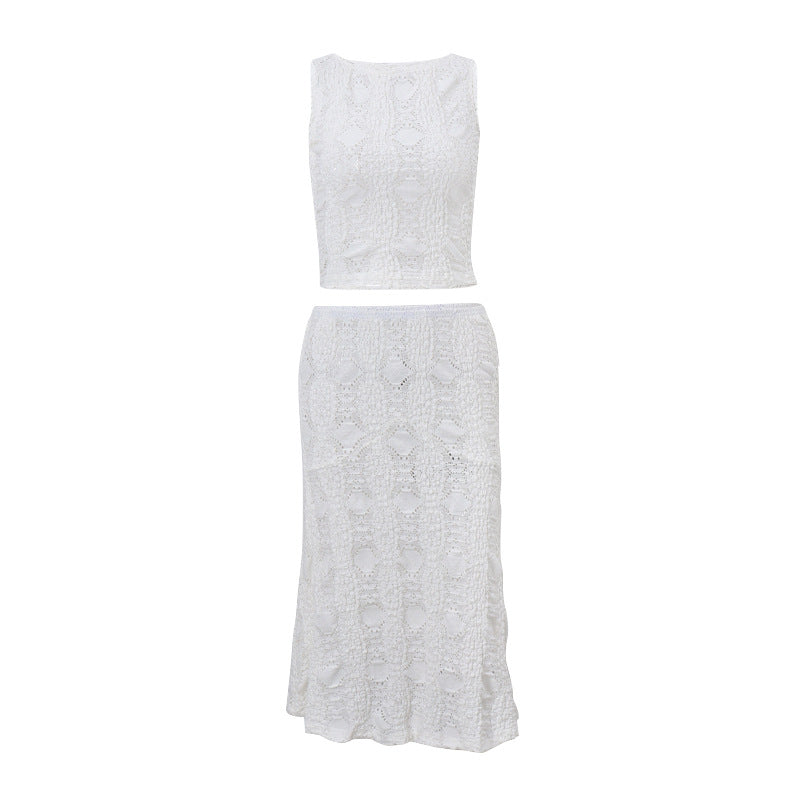 Summer Casual Sexy Two Piece Suit O Neck Short Vest Skirt White