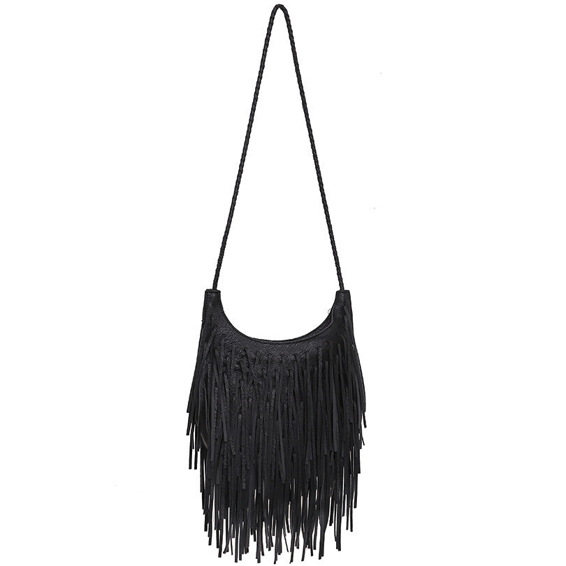 Tassel Bag Soft Leather Handmade Shoulder Messenger Bag One Size Black