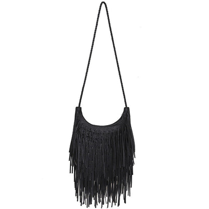 Tassel Bag Soft Leather Handmade Shoulder Messenger Bag One Size Black