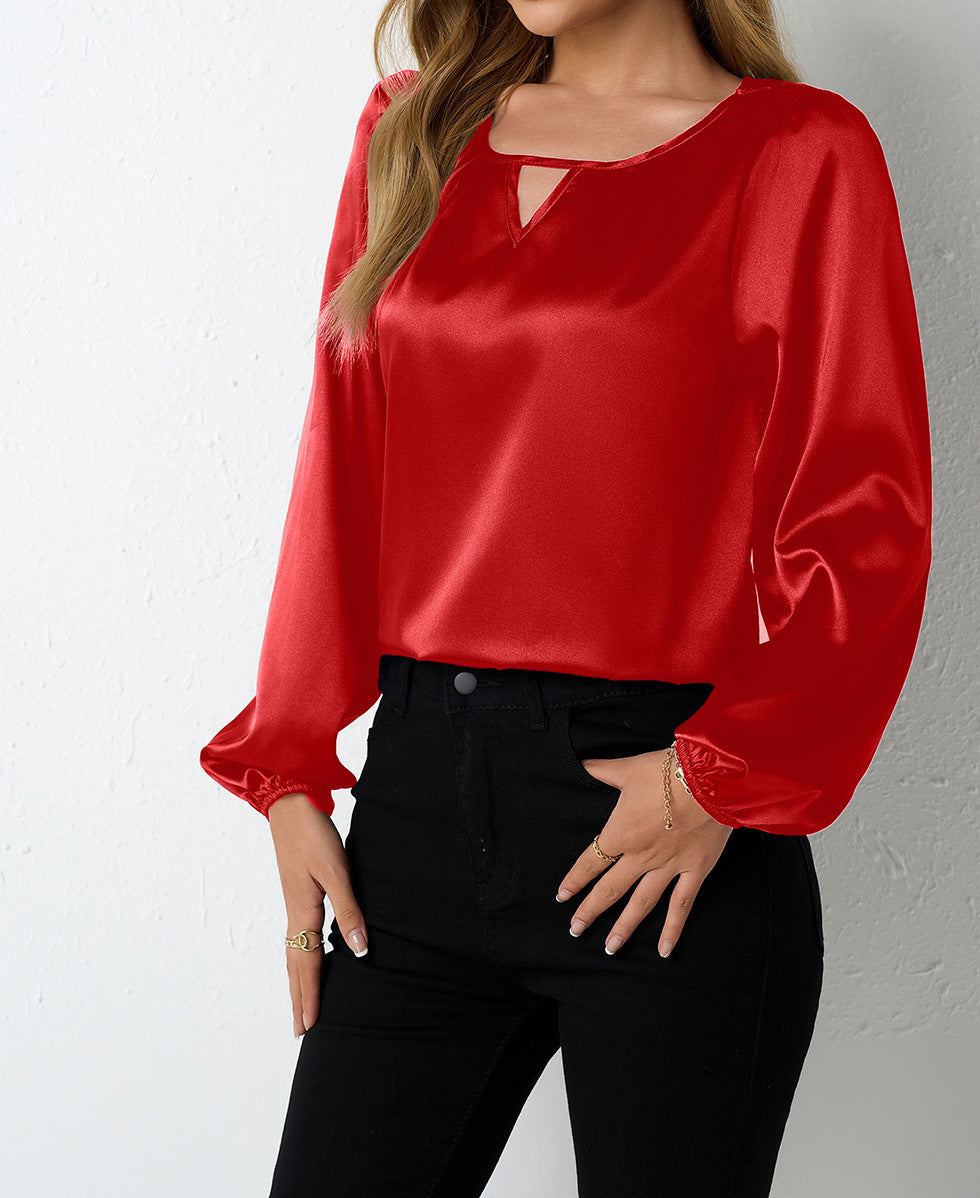 Satin Casual Pleated Long Sleeve Satin Top Red