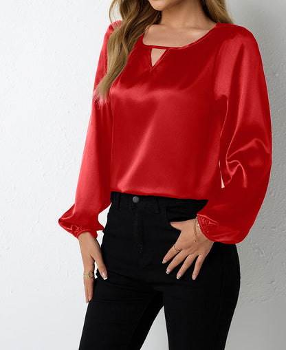 Satin Casual Pleated Long Sleeve Satin Top Red