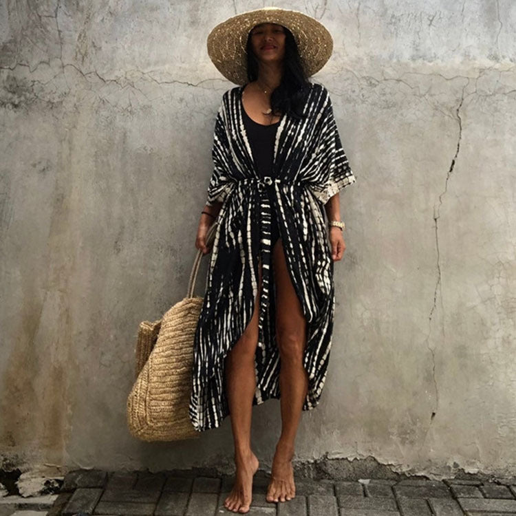 Sexy Beach Cardigan Cover Up One Size Black and White Stripes
