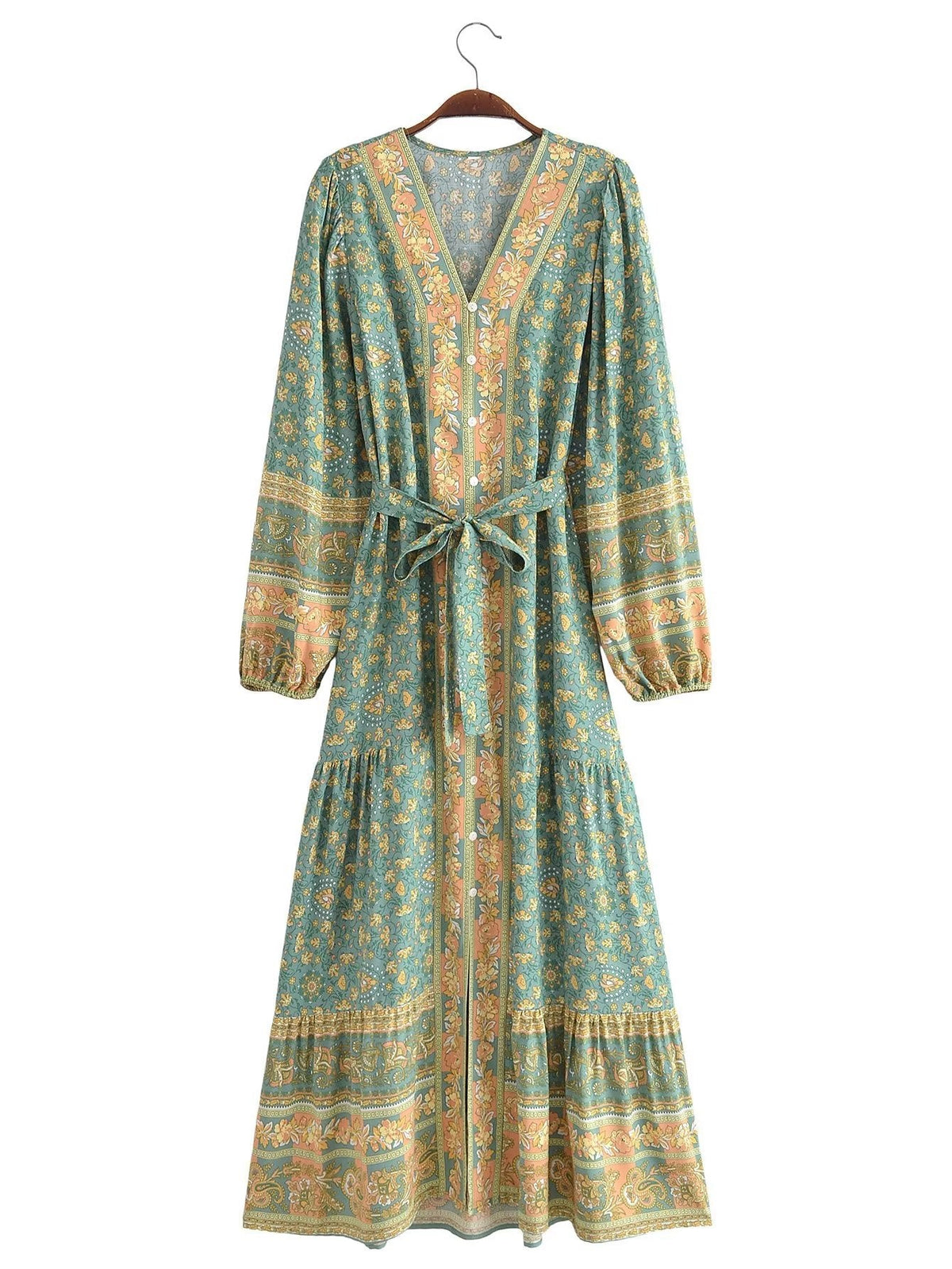 Autumn Casual Women Printed Cardigan Long Sleeve Belt Dress Green