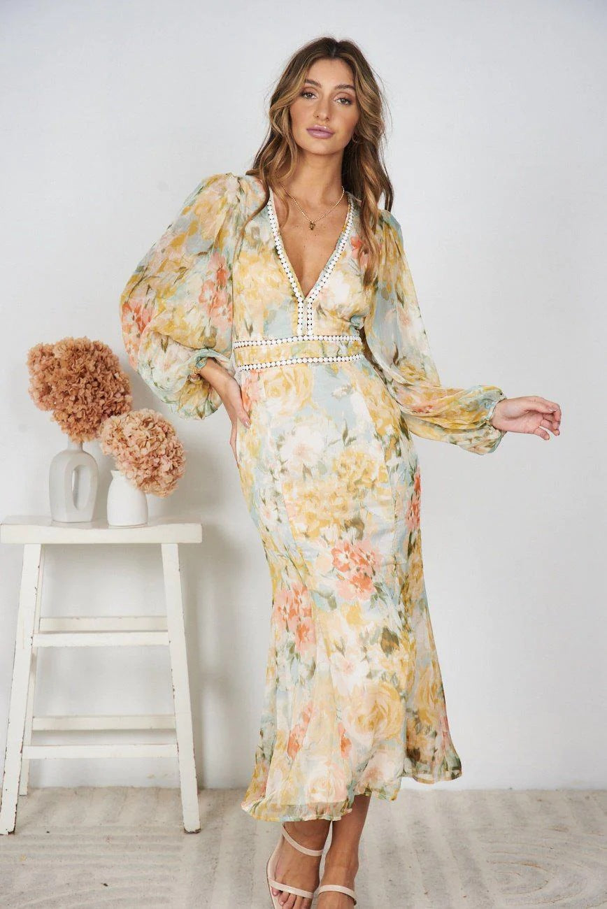 Day to Night Semi Formal Printed Dress Yellow