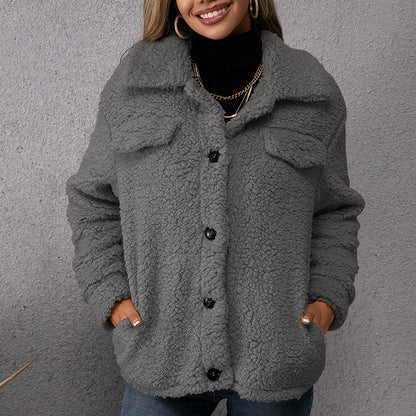 Plush Lamb Wool Trench Coat Jacket Dark Gray