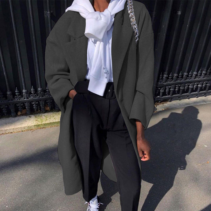 Solid Color Long Sleeve Casual Trench Coat Black