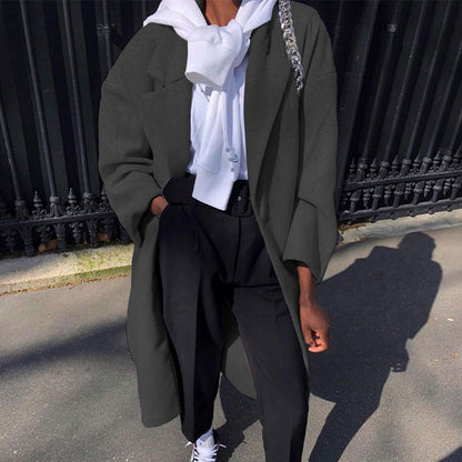 Solid Color Long Sleeve Casual Trench Coat Black