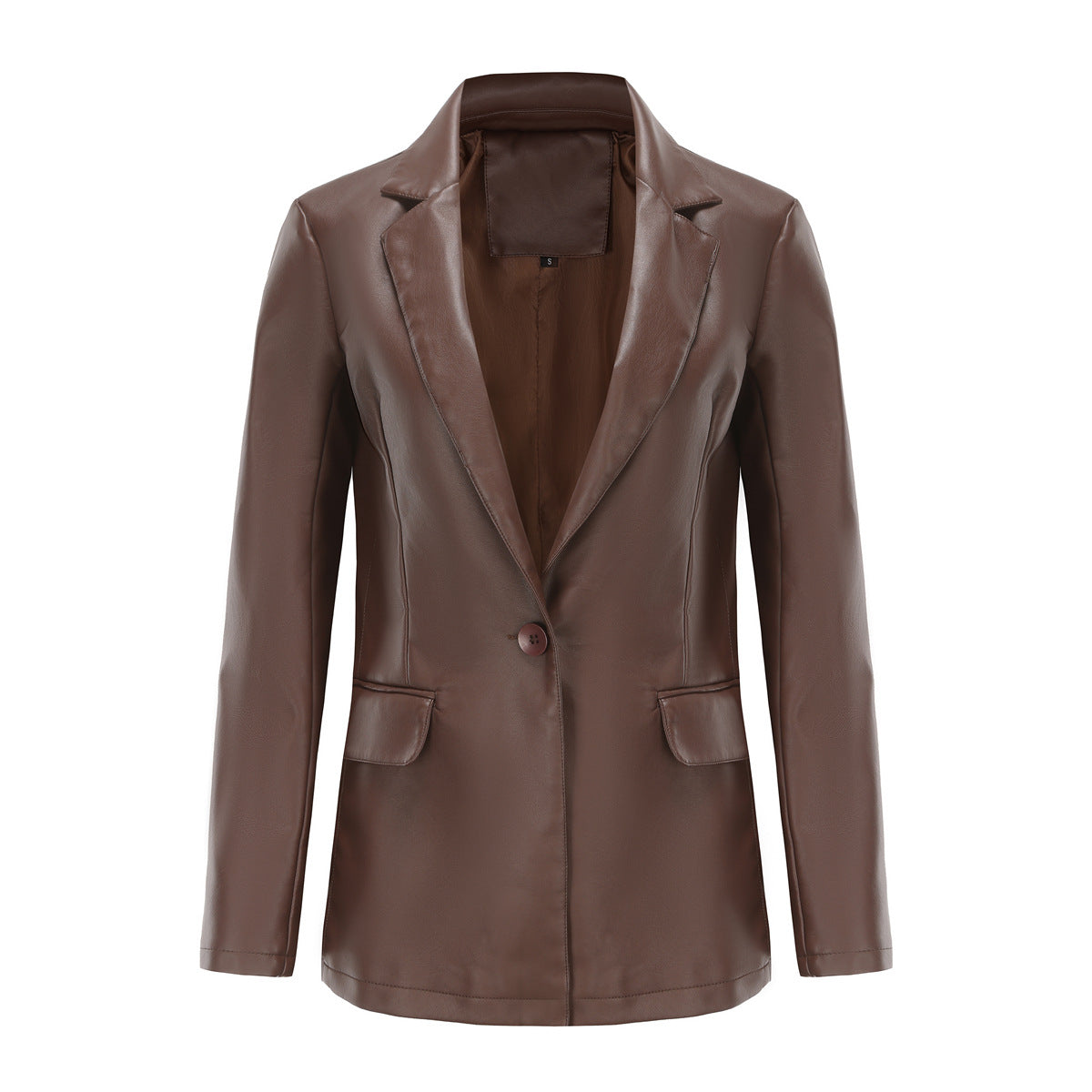 Small Long Sleeved Coat Women Single Button Office Casual Solid Color Leather Coat Coffee