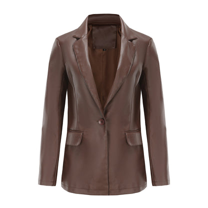 Small Long Sleeved Coat Women Single Button Office Casual Solid Color Leather Coat Coffee