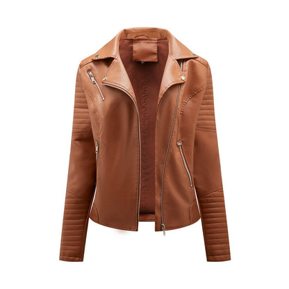 Faux Leather Collared Motorcycle Jacket Camel