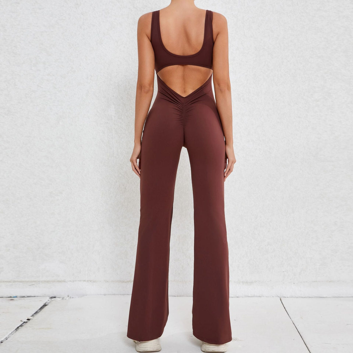 Sexy Open Back Jumpsuit Coffee