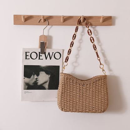Hand Crochet Woven Bag Shoulder Mini Messeneger Bag One Size New Year Crescent Coffee