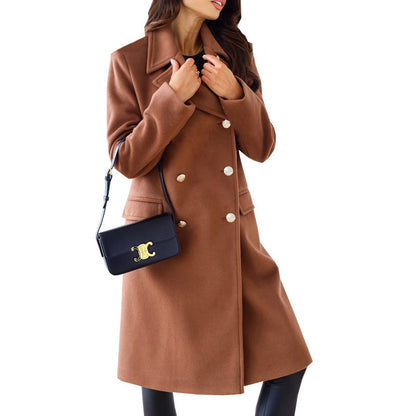 Woolen Long Sleeve Collared Coat Brown