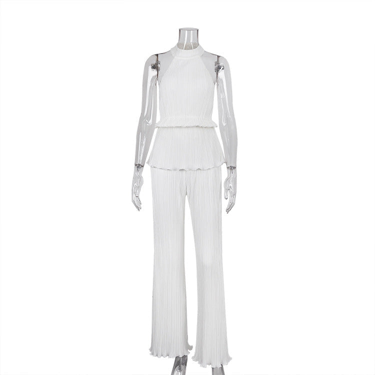 Halter Sexy Backless Sleeveless Vest White Pleated High Waist Set White